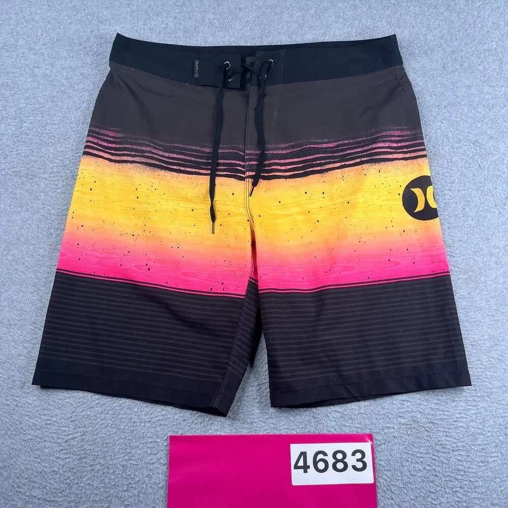 Hurley Board Shorts Mens Size 30 Blck Striped Yellow Pink Beach Surf